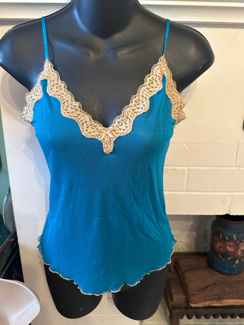 NWT VINTAGE MARY GREEN PEACOCK BLUE TEAL SILK MESH & LACE CAMI CAMISOLE S